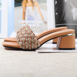 2021 Summer Women Shoes Open-Toed Square-Headed Rome Sandals Fashionable Comfortable Large Size Rhinestone Worn Outside Slippers