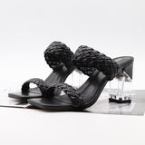 Fashion Women Shoe Woven Shoelaces Hollow Crystal High Square Thick Heels Sandals Open-Toed Popular Slippers