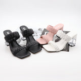 Fashion Women Shoe Woven Shoelaces Hollow Crystal High Square Thick Heels Sandals Open-Toed Popular Slippers