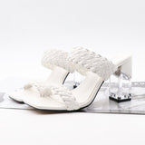 Fashion Women Shoe Woven Shoelaces Hollow Crystal High Square Thick Heels Sandals Open-Toed Popular Slippers