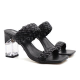 Fashion Women Shoe Woven Shoelaces Hollow Crystal High Square Thick Heels Sandals Open-Toed Popular Slippers