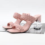 Fashion Women Shoe Woven Shoelaces Hollow Crystal High Square Thick Heels Sandals Open-Toed Popular Slippers
