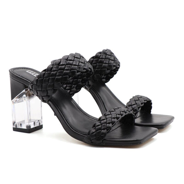 Fashion Women Shoe Woven Shoelaces Hollow Crystal High Square Thick Heels Sandals Open-Toed Popular Slippers