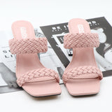 Fashion Women Shoe Woven Shoelaces Hollow Crystal High Square Thick Heels Sandals Open-Toed Popular Slippers