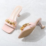 Women's Slippers 2021 Summer New Patent Leather Metal Chain Decoration High-Heeled Sandals Sexy Street Fashion Outer Wear 6CM