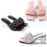 Women Shoes 6CM High Heel 2021 Summer Large Size Thick Sequined Slippers Sexy Outside Wearing One Word Comfortable Feet Sandals
