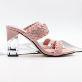 Fashion Women Shoe Woven Shoelaces Hollow Crystal High Square Thick Heels Sandals Open-Toed Popular Slippers