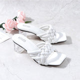 Hot Women Shoes 2021 New Fashion Chunky Higt Heel Slippers European American Braided Square Open Toe Slipper Large For Women