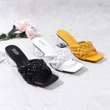 Hot Women Shoes 2021 New Fashion Chunky Higt Heel Slippers European American Braided Square Open Toe Slipper Large For Women