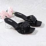 Hot Women Shoes 2021 New Fashion Chunky Higt Heel Slippers European American Braided Square Open Toe Slipper Large For Women
