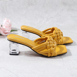 Hot Women Shoes 2021 New Fashion Chunky Higt Heel Slippers European American Braided Square Open Toe Slipper Large For Women