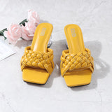 Hot Women Shoes 2021 New Fashion Chunky Higt Heel Slippers European American Braided Square Open Toe Slipper Large For Women