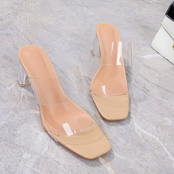 Ladies Sandals Summer Concise New Artificial Diamond Square Thick Heel Transparent Belt Type Open-Toe 2021 Summer Fashion Shoes