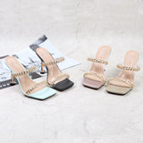 Shoes for Women Summer 2021 Open Toe High Heel Europe and United States Sexy One Word Rhinestone Sandals Big Size Outside Wear