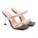 Shoes for Women Summer 2021 Open Toe High Heel Europe and United States Sexy One Word Rhinestone Sandals Big Size Outside Wear