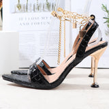 Stiletto Women Sandals Summer Autumn 2021 Metal Chain Thin High Heels Female Shoes Sexy Pointy One Word Fashion Slippers Women