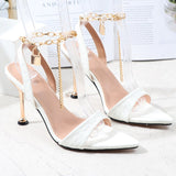 Stiletto Women Sandals Summer Autumn 2021 Metal Chain Thin High Heels Female Shoes Sexy Pointy One Word Fashion Slippers Women