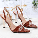 Stiletto Women Sandals Summer Autumn 2021 Metal Chain Thin High Heels Female Shoes Sexy Pointy One Word Fashion Slippers Women