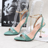 Stiletto Women Sandals Summer Autumn 2021 Metal Chain Thin High Heels Female Shoes Sexy Pointy One Word Fashion Slippers Women