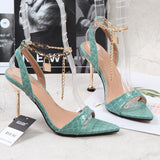 Stiletto Women Sandals Summer Autumn 2021 Metal Chain Thin High Heels Female Shoes Sexy Pointy One Word Fashion Slippers Women