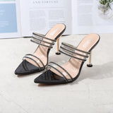 Summer Women Sandals Sexy Pointed Tone Cross-Border Cool Slippers Fairy Wind Peep-Toe Diamond Thin Heel Wear Party Shoes Outside