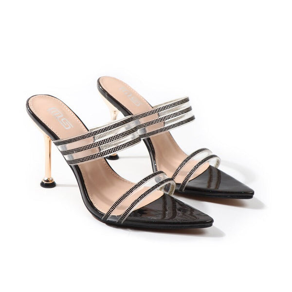 Summer Women Sandals Sexy Pointed Tone Cross-Border Cool Slippers Fairy Wind Peep-Toe Diamond Thin Heel Wear Party Shoes Outside