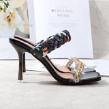 Women Shoes 2021 Summer Cross-Border US-Euro Popular New Sandals Electroplated Chain Square Head With Roman High-Heeled Slippers