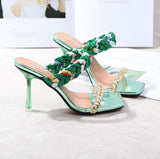 Women Shoes 2021 Summer Cross-Border US-Euro Popular New Sandals Electroplated Chain Square Head With Roman High-Heeled Slippers