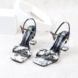 Women Shoes 2021 Summer Two-Wear Rhinestone Fashion Trend Thick Square Heel Sandal One Word Open-Toe Large Size Slippers
