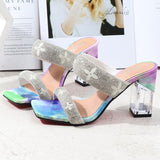 Women's Sandals 2021 Summer New Chain Color Blocking High Heel Square Heel Comfortable Fleece Fashion Women's Shoes 8.5CM