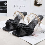 Women's Sandals Summer New Products Fashion Chain Pearl PU Handwoven High Heel Women Sandals Party Wedding Shoes 7.5CM