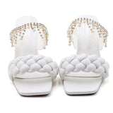 Women's Sandals Summer New Products Fashion Chain Pearl PU Handwoven High Heel Women Sandals Party Wedding Shoes 7.5CM