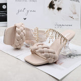 Women's Sandals Summer New Products Fashion Chain Pearl PU Handwoven High Heel Women Sandals Party Wedding Shoes 7.5CM