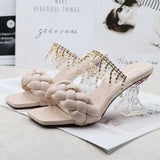 Women's Sandals Summer New Products Fashion Chain Pearl PU Handwoven High Heel Women Sandals Party Wedding Shoes 7.5CM