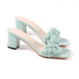 Women's Shoes Sandals Slippers Braided Square Thick-Heels Open-Toe Comfortable 7CM All-Match Summer Outer-Wear-Resistant