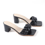 Women's Shoes Sandals Slippers Braided Square Thick-Heels Open-Toe Comfortable 7CM All-Match Summer Outer-Wear-Resistant