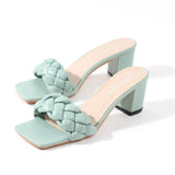 Women's Shoes Sandals Slippers Braided Square Thick-Heels Open-Toe Comfortable 7CM All-Match Summer Outer-Wear-Resistant