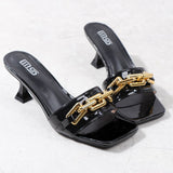 Women's Slippers 2021 Summer New Patent Leather Metal Chain Decoration High-Heeled Sandals Sexy Street Fashion Outer Wear 6CM