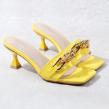 Women's Slippers 2021 Summer New Patent Leather Metal Chain Decoration High-Heeled Sandals Sexy Street Fashion Outer Wear 6CM