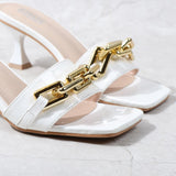 Women's Slippers 2021 Summer New Patent Leather Metal Chain Decoration High-Heeled Sandals Sexy Street Fashion Outer Wear 6CM