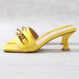 Women's Slippers 2021 Summer New Patent Leather Metal Chain Decoration High-Heeled Sandals Sexy Street Fashion Outer Wear 6CM