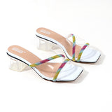 Women's Slippers Artificial Diamond Square Thick Heel Fashion Women's Sandals Flip-Flops Women's Flat Home Slippers Casual Beach